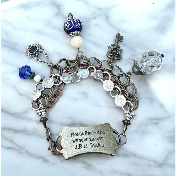 LOTR Not All Who Wander Are Lost Tolkien Quote Brass Charm Bracelet Fantasy Vtg - Picture 1 of 6
